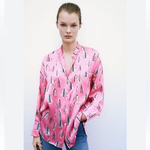 Pink Zara silk city print blouse